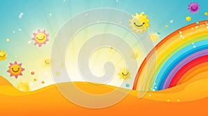 Cartoon rainbow with sun, stars, and clouds