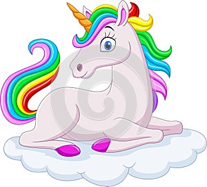 Cartoon rainbow unicorn on clouds