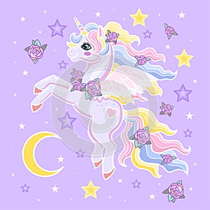 Cartoon, rainbow unicorn on a lilac background.