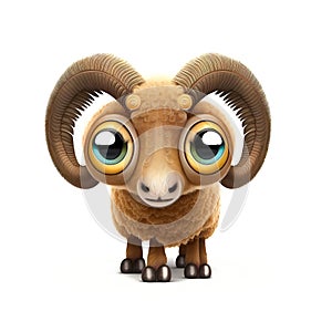 A cartoon ram with big horns is standing on a white background