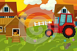 Cartoon ranch farm scene with different wooden buildings - illustration for children