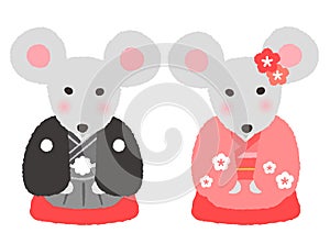 Cartoon rat couple wearing kimono. chinese zodiac year of 2020 New yearâ€™s illustration