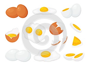 Cartoon raw, broken boiled and fried chicken eggs with yolk. Fresh farm sliced egg, cracked eggshell. Cooked eggs for