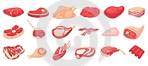 Cartoon raw meat. Bacon, steak and beef minced meat. Rack of ribs, chicken breast and pork loin vector set