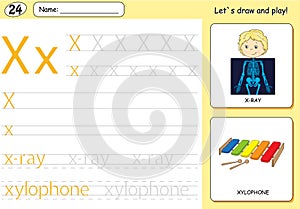 Cartoon x-ray boy and xylophone. Alphabet tracing worksheet