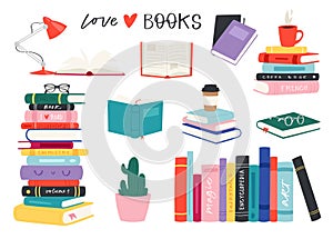 Cartoon reading set of hadrdrawn books. Vector illustration for reading lovers with open books, piles, colorful covers, in a stack