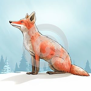 Cartoon Realism: Red Fox On Snow In Winter