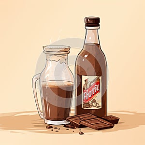 Cartoon Realism: Retro Hot Chocolate Bottle And Dark Chocolate Illustrations