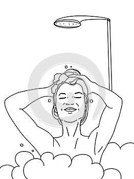 Cartoon realistic woman having shower bathroom illustration white background	cartoon illustration