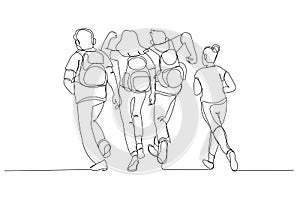 Cartoon of rear view of school people running outside. One line art style