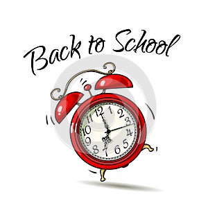 Cartoon red alarm clock ringing. Back to school text. Black and white Sketch style hand drawn vector illustration on