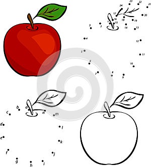 Cartoon red apple. Vector illustration. Coloring and dot to dot