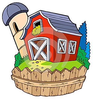 Cartoon red barn with fence