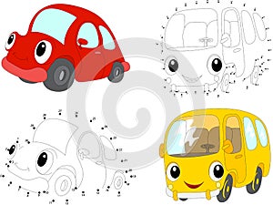 Cartoon red car and yellow bus. Vector illustration. Dot to dot