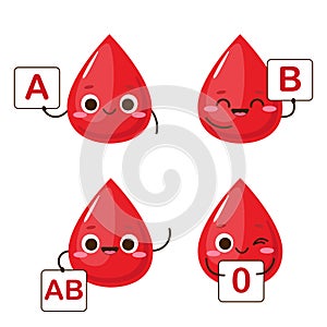 Cartoon red drops with blood type sign in hands