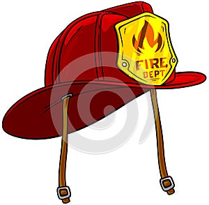 Cartoon red firefighter helmet with golden badge