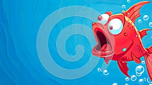 Cartoon Red Fish Shocked in Blue Water with Bubbles