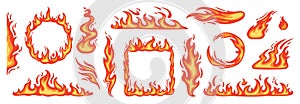 Cartoon red flame. Fire flames, hot fireball, danger wildfire campfire and bonfire elements, fire frames and flaming