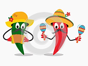 Cartoon red and green chili pepper and mustache wearing mexican sombrero,maracas and accordion