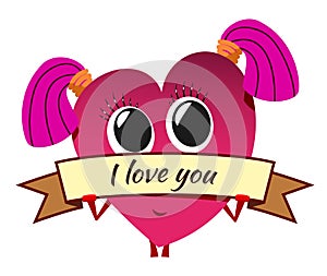 Cartoon red heart on Valentine`s Day. Cute female character with
