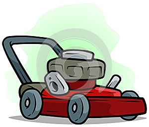 Cartoon red lawn mower on green background