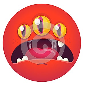 Cartoon red monster face avatar with three eyes. Vector illustration