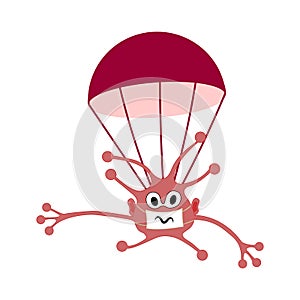 Cartoon red monster is flying on a parachute. Germ virus with funny cartoon s in flat design isolated object on a white background