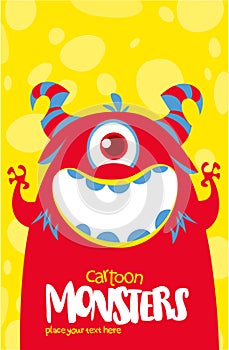 Cartoon red monster. Halloween vector illustration of excited monster