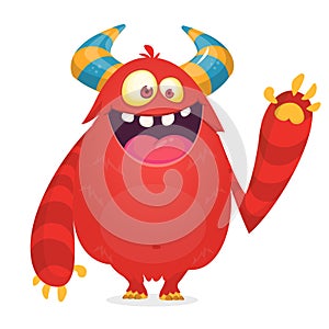 Cartoon red monster waving. Monster troll illustration with surprised expression.