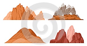 Cartoon red mountains. Rocky range and peak, outdoor hiking, nature landscape mountain silhouette flat vector illustration set on