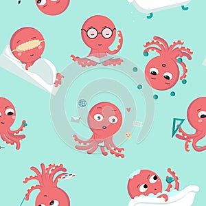 Cartoon red octopus character in different quotes, pattern seamless isolated vector illustration on green background.