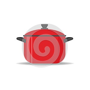 Cartoon red saucepan on a white background. Kitchen utensils. Color image red pots.