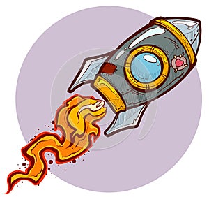 Cartoon red space rocket flying with heart sticker