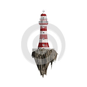 Cartoon red striped Lighthouse on flying Island