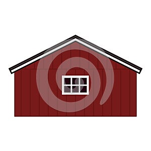 Cartoon red wooden barn house, gray roof, windows with boards. Vector Outline isolated hand drawn illustration on white