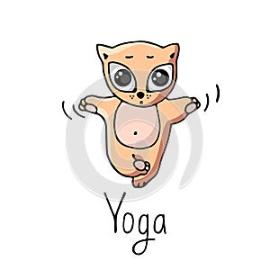 Cartoon red yoga kitten doing exercise. Vector image.