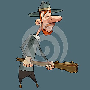 Cartoon redhead man with whiskers in a hat holds a wooden baton in his hands