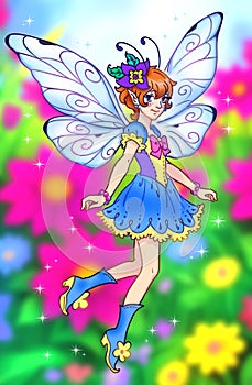 cartoon reenage pixie girl with white wings in a bright dress flying among flowers