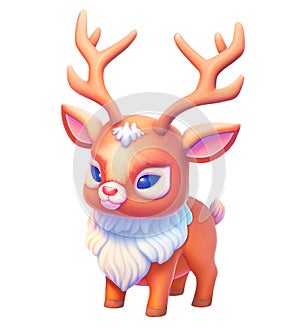 Cartoon reindeer with antlers and white fur. Digital illustration isolated on white background