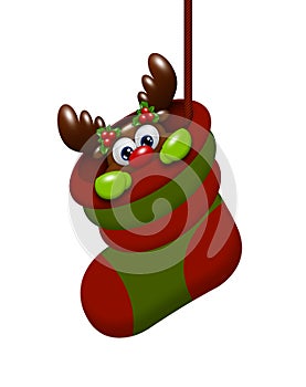 Cartoon reindeer in christmas sock isolated over white