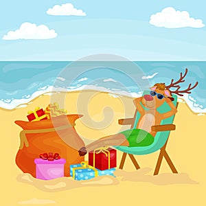 Cartoon reindeer relaxing on chair near bag full of gifts