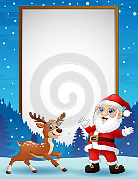 Cartoon reindeer and santa claus with blank board
