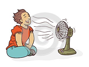 Cartoon relaxing in front of fan