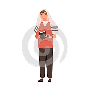 Cartoon religion jewish guy praying vector flat illustration. Colorful modern man in traditional jews apparel reading photo