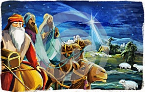 Cartoon religious illustration with three kings and the holy family traditional scene