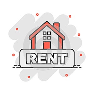 Cartoon rent house icon in comic style. Home illustration pictogram. Rental sign splash business concept