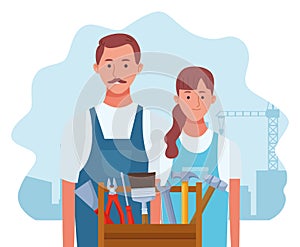 Cartoon repair woman and man with tools box