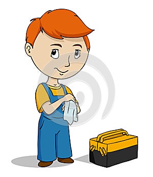 Cartoon repairman with toolbox cleaning hands