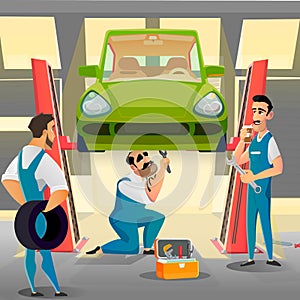 Cartoon Repairmen Team and Lifted Car in Garage photo