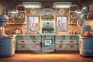 cartoon representation of a fully automated kitchen features animated appliances working harmoniously. AI Generated